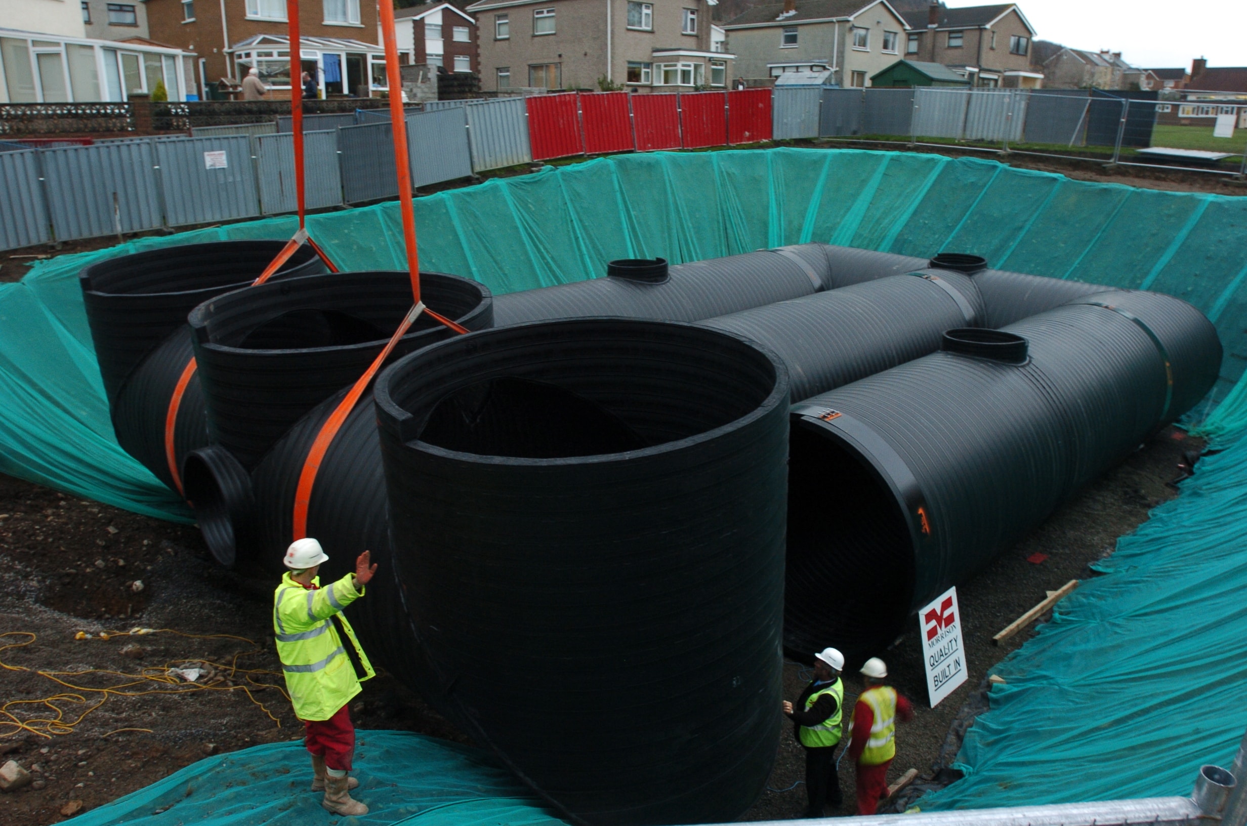  3m diameter Weholite stormwater retention tank  with prefabricated manifolds and access shafts 